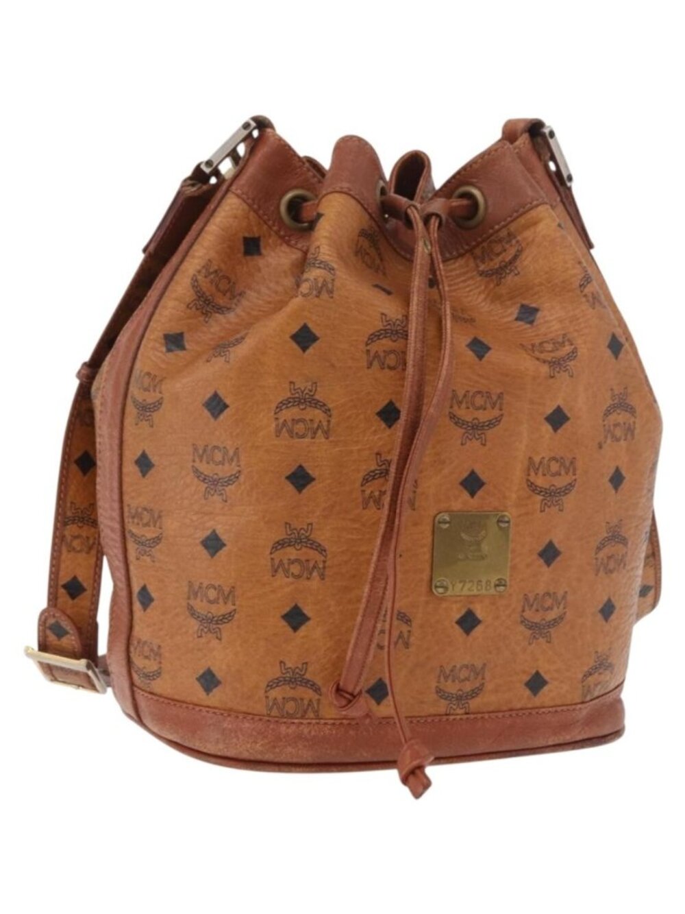 MCM Vicetos Logogram Drawstring Bag PVC Leather Brown Gold